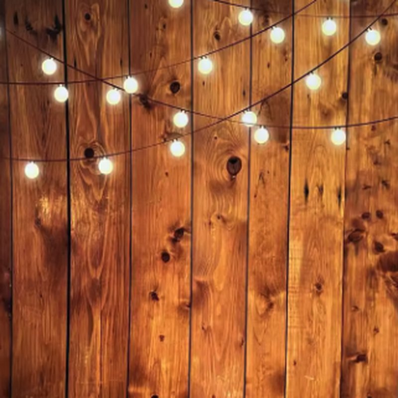 Rustic Radiance backdrop — warm wood with string lights